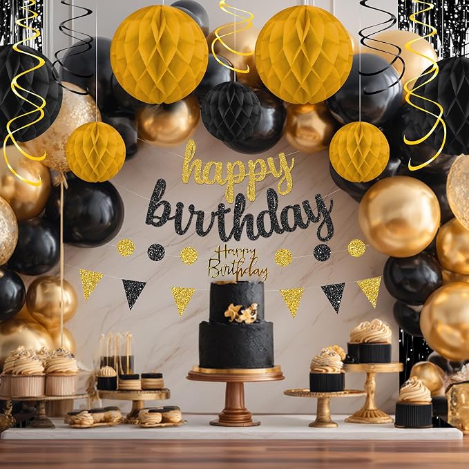 Black and Gold Birthday Party Decorations Set - Happy Birthday Banner Balloons Foil Curtains Hanging Swirls for Men Women Birthday Party Supplies