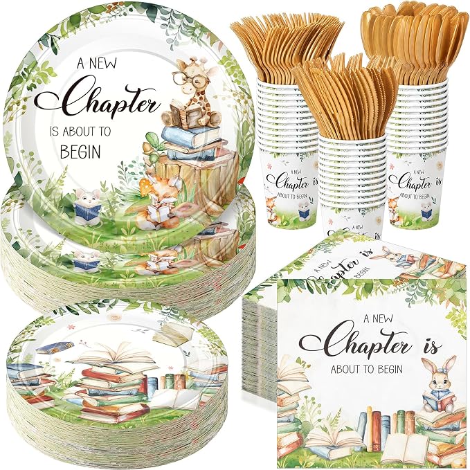 Ziliny 350 Pcs Story Book Themed Baby Shower Tableware Set, a New Chapter Is About to Begin Disposable Paper Plates Napkins Cups Woodland Animal Tableware for Gender Reveal Newborn Party Serves 50