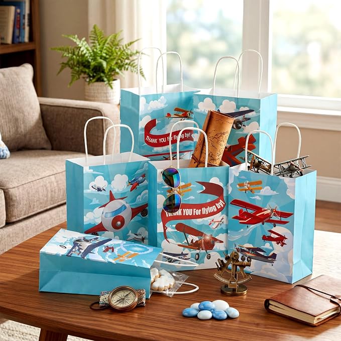 Outus 48 Pcs Airplane Party Favor Bags Paper Airplane Goodie Bags Plain Gift Pouch‌ Blue Aircraft Candy Treat Pouch‌ with Handles for Birthday Party Decorations Supplies