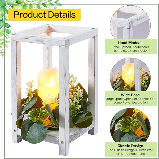 18 Pcs /6 Set Wooden Wedding Lantern Centerpiece-Wooden Candle Lantern Bulk Includes 6 Farmhouse Wooden Candle Holder 6 Flameless LED Candles 6 Eucalyptus Leaves Wreath for Decoration