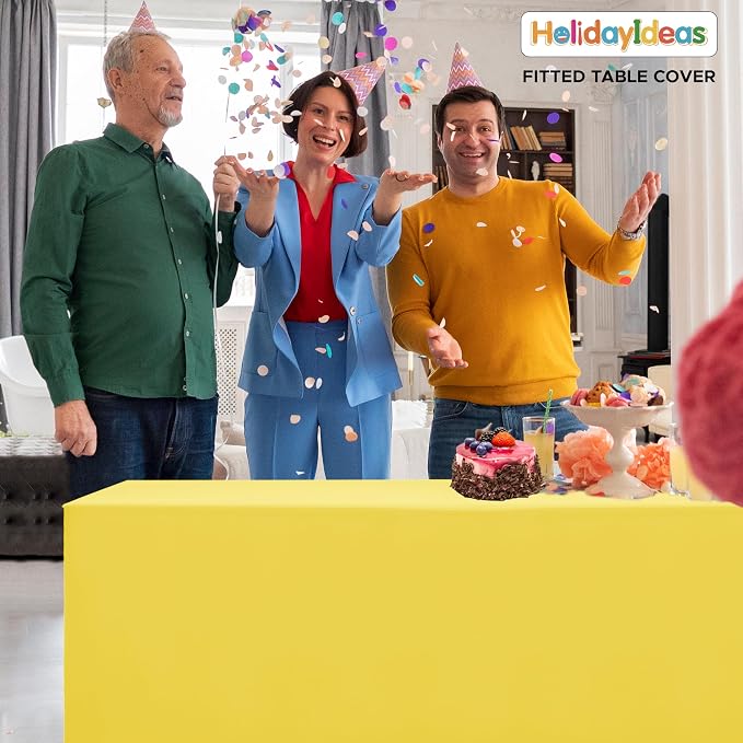 HolidayIdeas 4-Pack 8ft Yellow Rectangle Craft Shows Fitted Tablecloth | Wrinkle resistant table covers; bulk quantity pack for professional trade exhibition displays or vendor booths