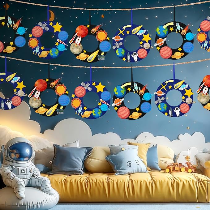 Sureio 32 Sets Space Craft Kits Solar System Project Kits DIY Wreath Craft Outer Space Arts Birthday Party Decoration with Planet Spaceship Rocket Astronaut Star Stickers for Party Favor Supplies