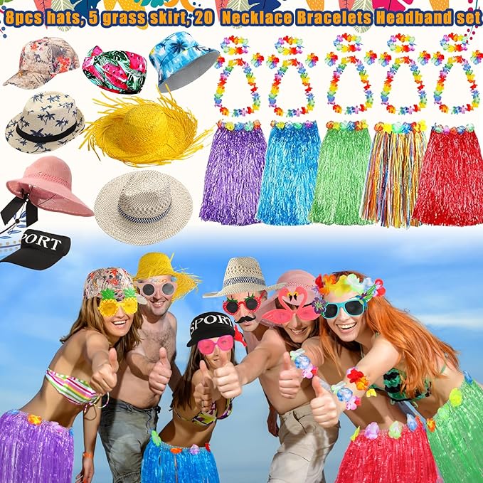 Bulk Summer Hawaiian Photo Booth Props, Luau Photo Props, Funny Hawaiian Sunglasses, Tropical Fancy Dress Props, Photo Booth Props Sets for Hawaii/Tropical/Tiki/Summer/Beach Theme Party Supplies