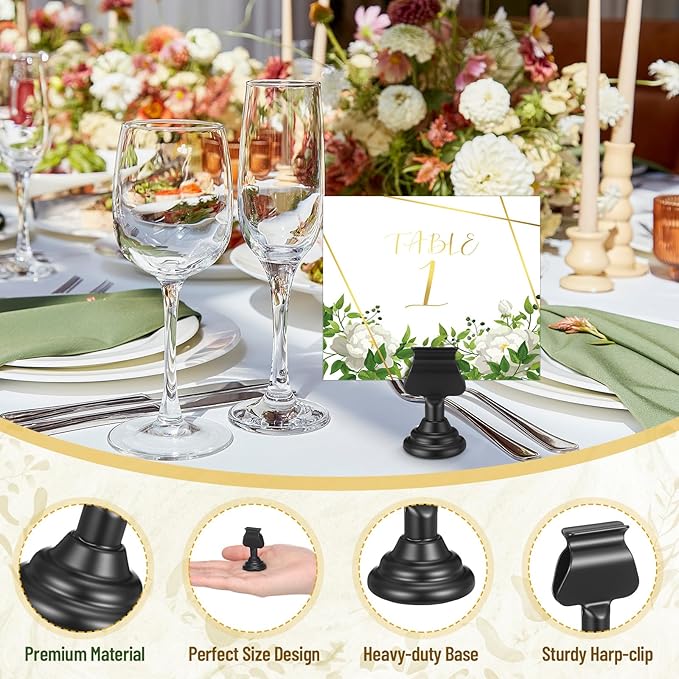 Kathfly 48 Pcs Wedding Table Number Holders 1.7 Inch Black Metal Mini Place Card Holders Bulk Harp-clip Table Sign Stands Card Holder Display Picture Memo Notes Menu for Restaurants Birthday Decor