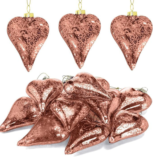 RattanView 12 Pack Valentine Heart Glass Ornament 3.2 inch Rose Gold Glass Heart Shaped Ornament Shiny Antique Romantic Love Shaped for Valentine Gift Wedding Anniversary Holiday Hanging Tree Decor