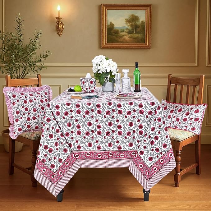 Ridhi Sangria Red Hand Block Print Cotton Rectangle Tablecloth 118" x 70" inches Reusable Table Cover Decorative Everyday Use for Dining Room, Farmhouse, Home Gift for Spring, Mother's Day