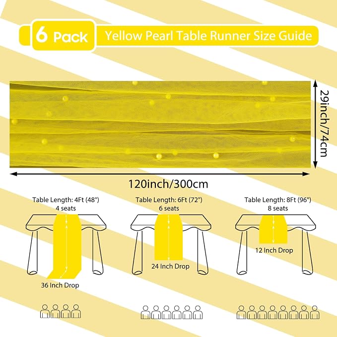 Set of 6 Pearl Table Runner 10ft, 29 * 120 Inch Yellow Table Cloth Sheer Tulle Table Cover,Pearl Table Runner for Wedding Party Baby Shower Birthday Home Decor