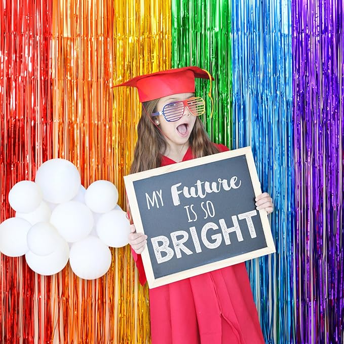LOLStar Rainbow Party Decorations, 2 Pack 3.3x6.6ft Pride Decorations, Cartoon Birthday Decor Foil Fringe Curtains Rainbow Theme Backdrop, Streamers Photobooth Prop for Happy Kindergarten Graduation