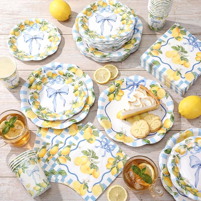 Newtay 250 Pcs Amalfi Lemon Party Plates and Napkins Blue Bow Lemon Theme Disposable Plates Bachelorette Birthday Tableware for 50 Guests for Wedding Bridal Shower Mediterranean Party Supplies