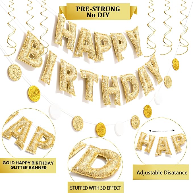 Pre-strung Gold Glitter Happy Birthday Banner Garland, Reusable Birthday Party Decorations, No DIY Gold Birthday Party Banner Sign Decor for Women Men Boys Girls Party Backdrop Party Supplies