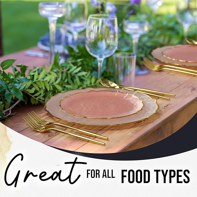 Exquisite Fancy Plastic Plates - Disposable Party Set, 80 Piece, 40X7.5 Dessert & 40X10 Thin Delicate Pink Rose Gold Rimmed