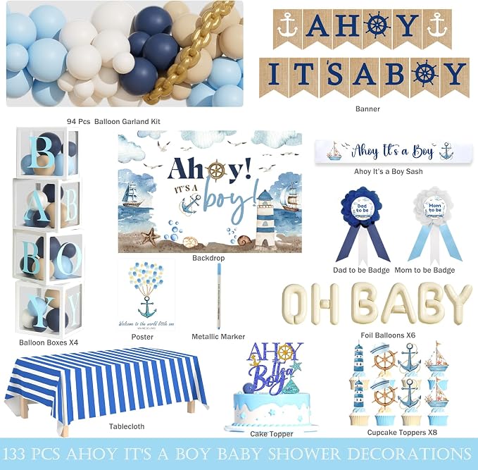 Party Inspo Ahoy It’s a Boy Baby Shower Decorations for Boy – 133 PCs Nautical Theme Party Supplies with Backdrop, Balloon Garland, Banner, Tablecloth, Poster, Cake Topper, Sash and Badges