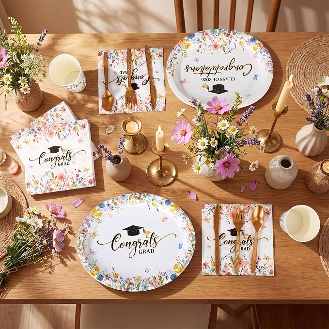 Pajean 350 Pcs 2026 Graduation Party Decorations Wildflower Graduation Oval Plates and Napkins Flowers Heavy Duty 12 inch Disposable Tableware Set for 50 Guests Class of 2026 Grad Party Supplies