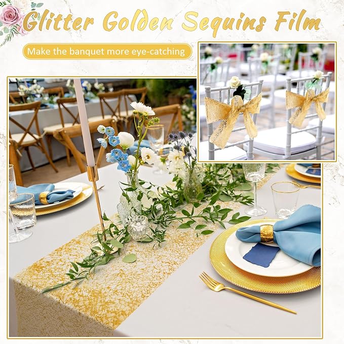 Chumia 12 Pieces Gold Table Runner 11 x 108 Inch Sequin Glitter Table Runner Roll Metallic Thin Mesh Fabric Decor for Party Wedding Shower Birthday Baby Shower Party Supplies