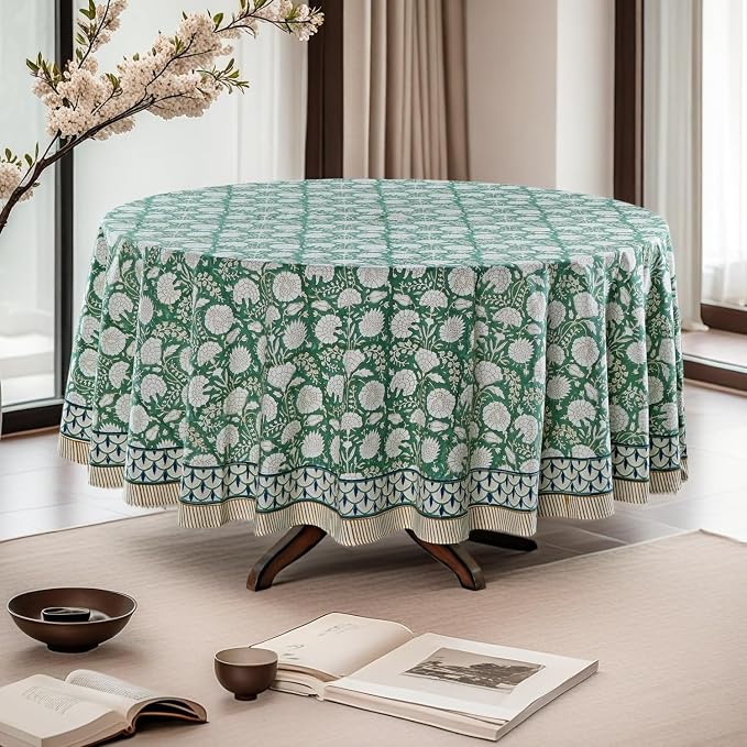 Ridhi Round Tablecloth Hand Block Print 100% Cotton Reusable Turquoise Moss Green 132 Inch Table Cover Decorative Everyday Use for Dining, Home, Party, Wedding, Farmhouse Gift for Spring, Mother's Day