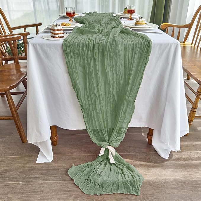 IVAPUPU 2 Pcs Cheesecloth Table Runner - 10ft Sage Green Boho Rustic Gauze Cheese Cloth Table Runner for Baby Shower Decorations Wedding Party Spring Garden Farmhouse Mothers Day Decor