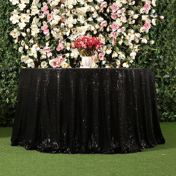 Poise3EHome 120 Inch Round Black Sequin Tablecloth for Halloween Party Cake Dessert Table Exhibition Events