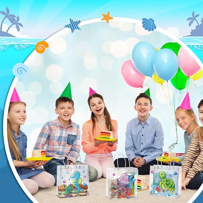 Teenyyou 24 Pcs Sea Animal Party Favor Bags PVC Clear Ocean Gift Bags with Handle for Birthday Party Supplies