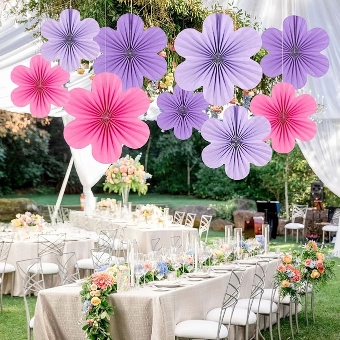 SUNBEAUTY Paper Flowers Decorations for Wall, Purple and Pink for Wall Paper Flower Fan Classroom Decoration Paper Floral Backdrop Decor Paper Fans Decoration Hanging Paper Flower Wall Decor Set of 9