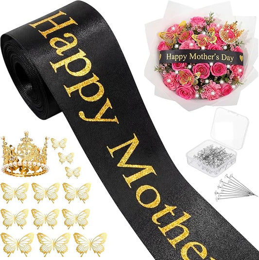Zeyune 114 Pcs Flower Bouquet Accessories Includes 2 in x 5 Yard Glitter Mother's Day Satin Ribbon, Gold Bouquet Crown, Butterfly Decor and Rhinestone Flower Pin for Birthday Wedding Baby Shower
