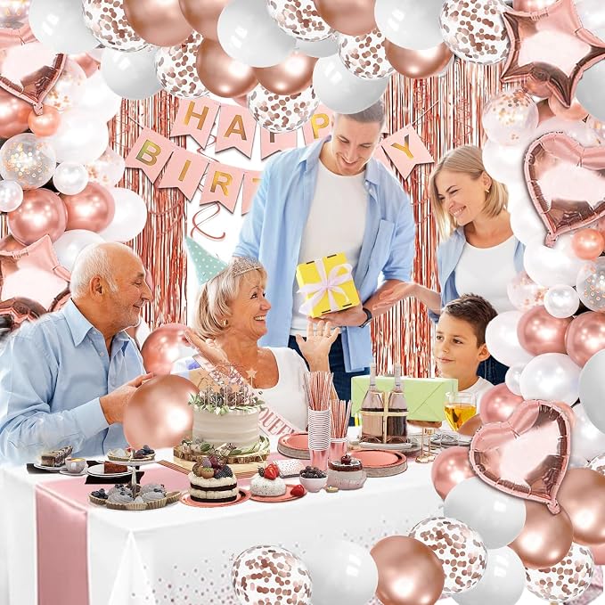 UJoyant 296 Pcs Birthday Decorations For Women, Rose Gold Party Decorations Kit For Girls Or Women - Butterfly, Hanging Swirl, Balloon Stand, Sash, Tiara, Banner, Balloon, Tableware For 50 Guest