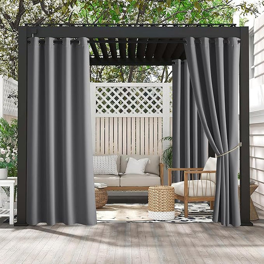 RYB HOME 2 Panels Fade Resistant Outdoor Curtains for Patio Waterproof Block Sunlight Thermal Insulated Privacy Thick Outside Curtains for Porch, Gazebo, Pergola, W52 x L96, Grey