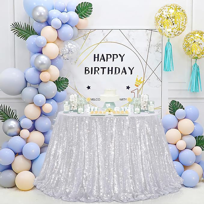 B-COOL Round Tablecloth Silver Decorations: 90 Inch Tablecloth Sequin Overlay Glitter Fabric for Birthday Dinner Parties
