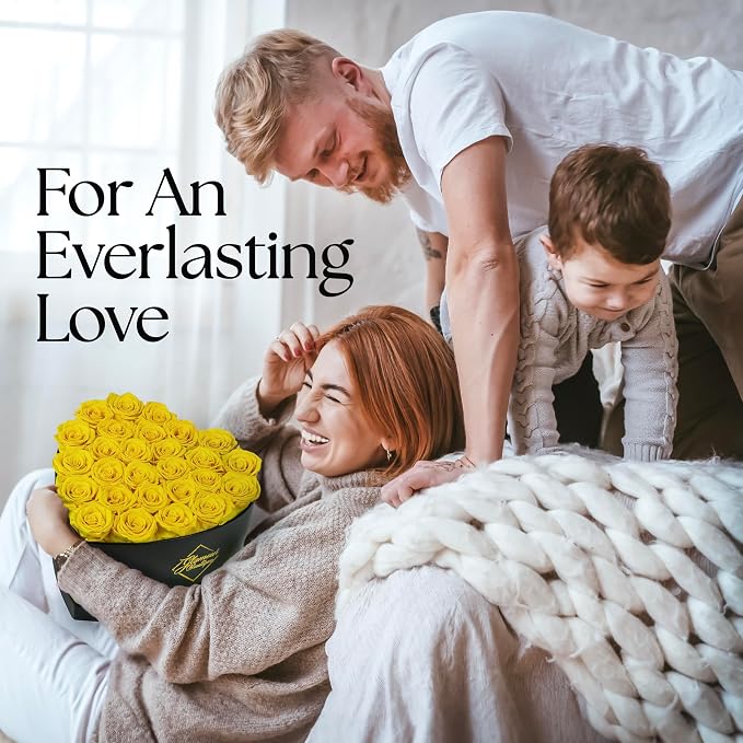 GLAMOUR BOUTIQUE 27 Flower Forever Heart Shape Box, Mothers Day Gift For Mom, Eternal Preserved Roses Gift for Her, Flowers bouquet, For Birthday, Anniversary, Girlfriend - Yellow (Color-Treated)