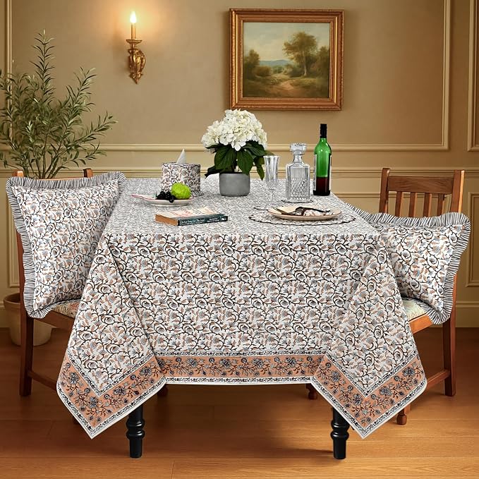 Ridhi Block Print Brown Meadow Vine Rectangle Cotton Tablecloth 140" x 72" Reusable Table Cover Decorative Everyday Use for Dining, Farmhouse, Home Gift for Spring, Easter, Valentine