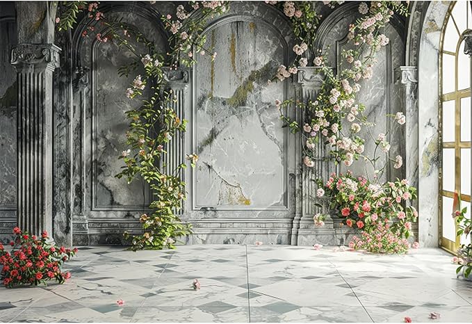 Baocicco 8x6.5ft Place Flower Wall Photography Background Victoria Arch European Castle Wall Pink Red Rose Backdrop for Women Girls Themed Party Decorations Wedding Baby Shower Cake Table Photoshoot