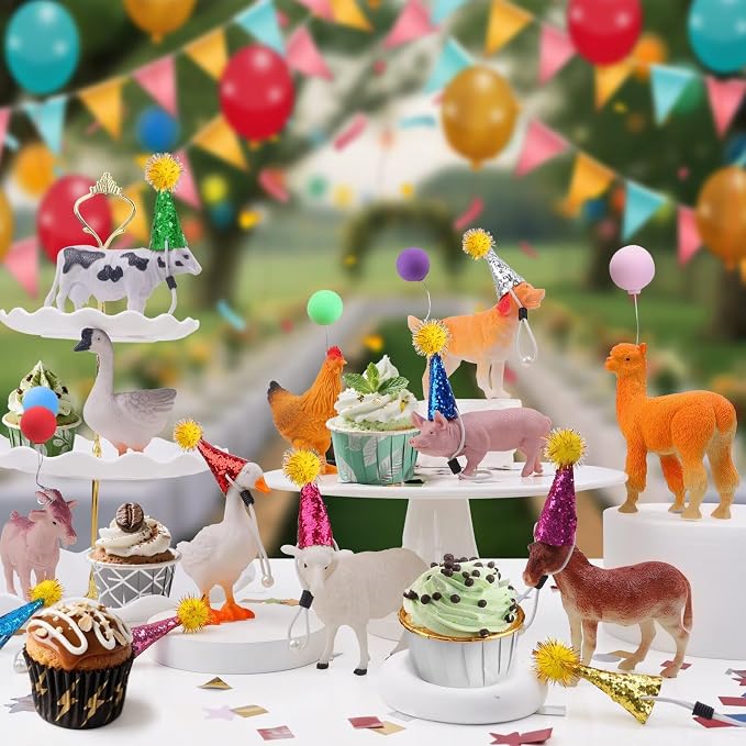 26 PCS Jungle Animal Birthday Party Decorations with Farm Animal Figurines, Mini Hats & Balloons, Cake Toppers for Birthday Party, Wild Animals Party Supplies(Farm Animal)