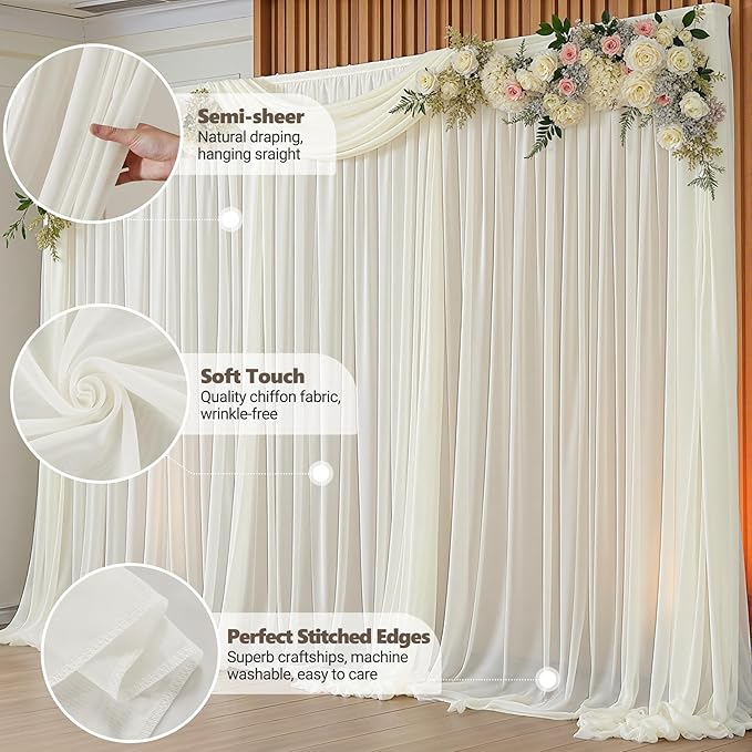 20ft x 10ft Beige Backdrop Curtains, Wrinkle-Free Sheer Chiffon Fabric Photo Backdrop Drapes for Wedding Arch Party Ceremony Stage Photography Decorations