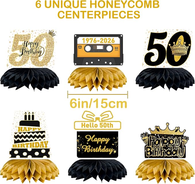 50th Birthday Decorations, Black and Gold Birthday Decorations Kit for Men and Women, Banner, Backdrop, Porch Sign, 6 Pcs Honeycomb Centerpieces, 6Pcs Hanging Swirls, Party Supplies (Black Gold 50th)