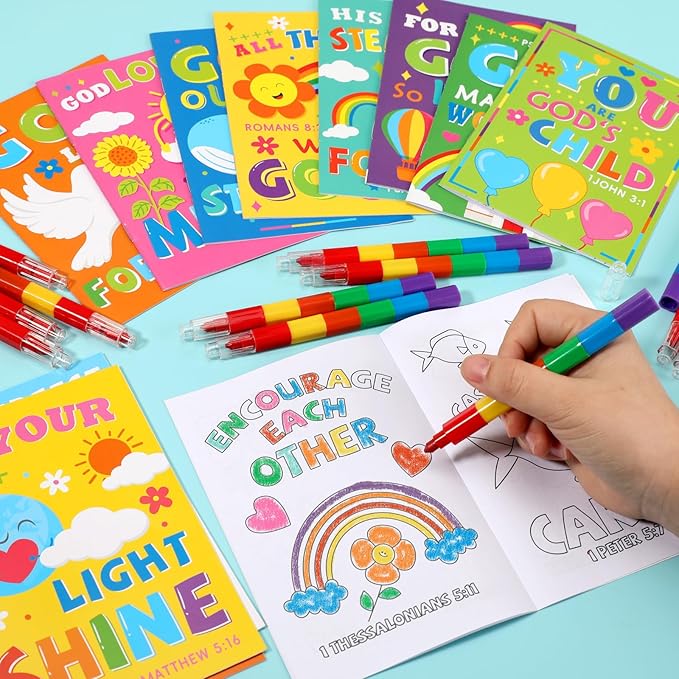 BenLouis 24 Bible Verses Mini Coloring Books Kids with 24 Stacking Crayons Christian Party Favors Activity Books Bulk for Kids Sunday School Religious Church Goodie Bag Gift Stuffer Classroom Reward