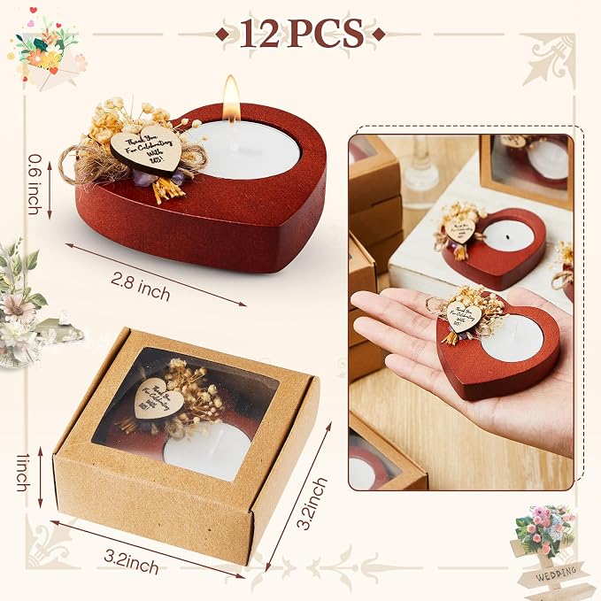 12 Pcs Wedding Candles Favors Rustic Wood Heart Candle Holders Bridal Shower Thank You Gifts for Guest Anniversary,Engagement Party Favors Decor (Deep Wood Color)