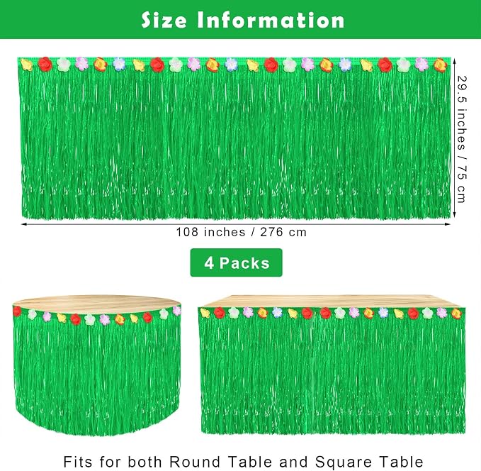 Fovths 4 Pack Luau Grass Table Skirt Natural 9 Feet x 29.5 Inch Hawaiian Table Skirt for Tropical Hawaiian Party Decorations Luau Party Costume Party, Green