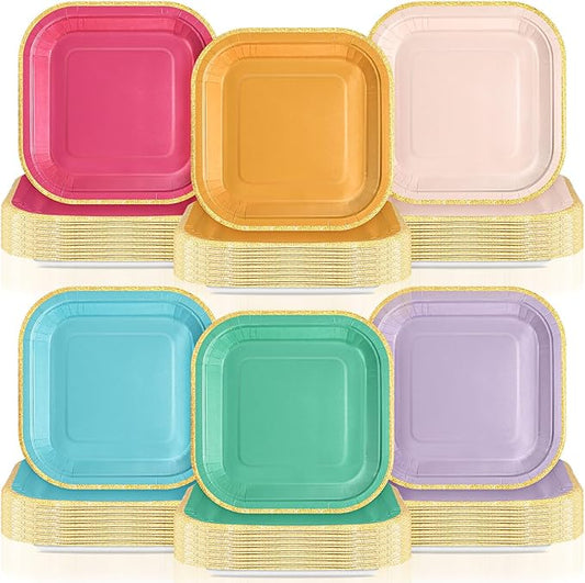 120 Pcs Colorful Paper Plates 7 Inch Rainbow Candy Color Disposable Square Dessert Party Plates with Gold Edge for Birthday Wedding Bridal Baby Shower Party Supplies, 6 Colors