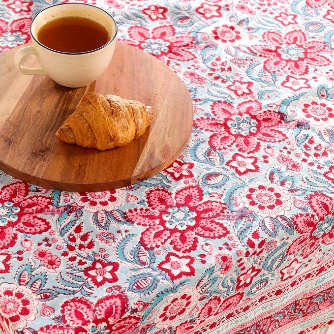 Hand Block Printed Tablecloth, Colorful Floral Print, Indian Artisan Handmade Art, Dining Room, Kitchen, Outdoor Décor, (Scarlet Garden Grace, 12 Seater 72 x 135 Inches Rectangle)