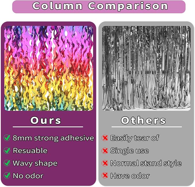 4 Pack Wavy Rainbow Foil Fringe Curtain | 3.3x6.6ft Colorful Tinsel Metallic Streamers Holiday Photo Booth Props Backdrop for Engagement Bridal Shower Unicorn Party Decorations