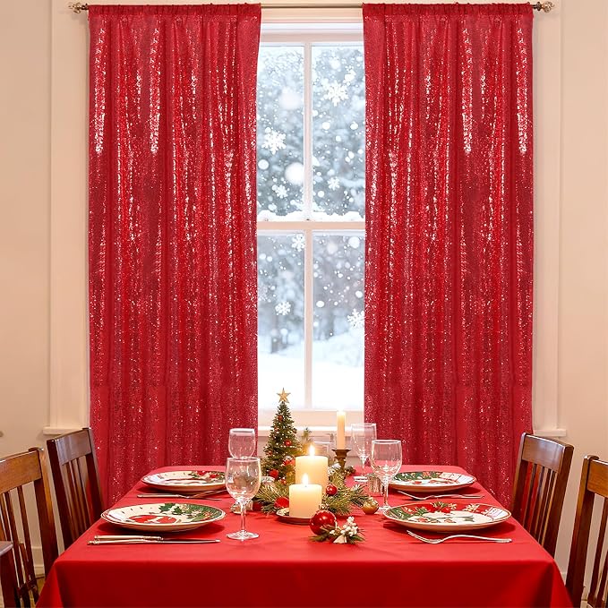 SquarePie 2 PCS 2x8ft Red Sequin Backdrop Curtains, Satin-Backed Shimmering Photo Booth Background, 2 Panels Narrow Real Sequin Drapes with 4" Rod Pocket for Party, Baby Shower, Doorway Decor