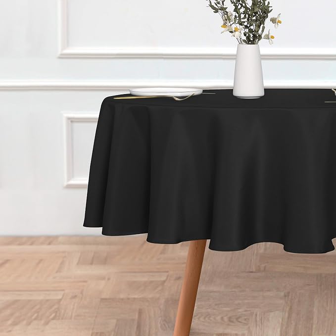 sancua Round Tablecloth 60 Inch Diameter for 20-48 Inch Tables, Water Resistant Spill Proof Washable Polyester Table Cloth Decorative Fabric Table Cover for Dining, Buffet Parties and Camping, Black