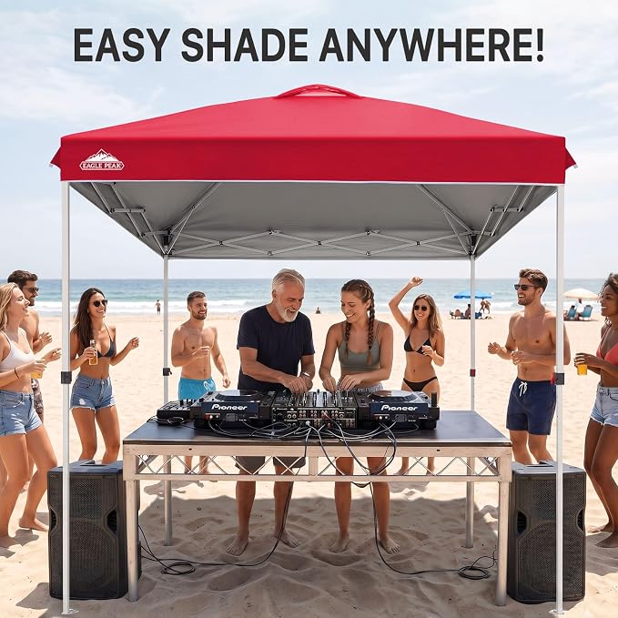 EAGLE PEAK Pop Up Canopy Tent with Wheeled Carry Bag, 8 Stakes, 4 Ropes, Easy Set Up Tent Canopy, 8x8 ft, Red