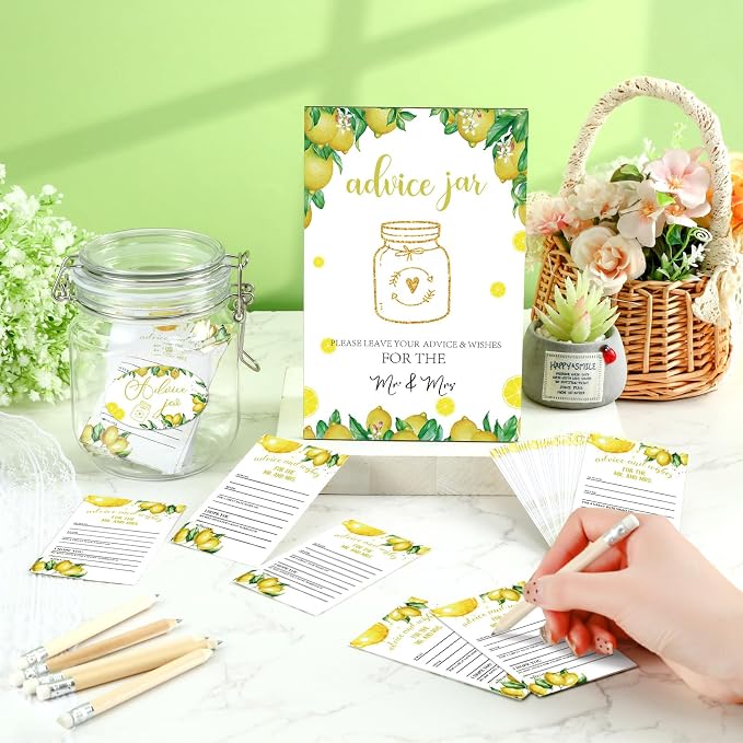 Jetec 74 Pcs Advice and Wishes for the Mr and Mrs 60 Pcs Wedding Advice Cards Advice and Wishes Jar Box Bridal Shower Advice and Wishes Cards for Bride and Groom Bridal Shower Decor(Lemon)