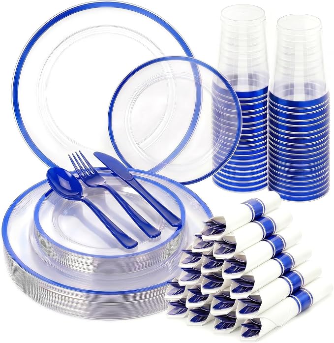 175pcs Plastic Plates for Party Clear & Blue | Disposable Plastic Dinnerware Set for 25 Guests Include 50 Plastic Plates,25 Cups & 25 Pre Rolled Napkins with Cutlery Set