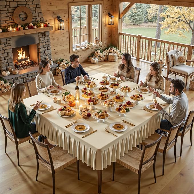 Wish Care Natural Spandex Tablecloths for 60x60 Inch Square Tables, Stretch Fitted Table Clothes with Pleated Ruffle Skirt for 60” Table, Wrinkle Free and Elastic, for Party Kitchen Home Dining