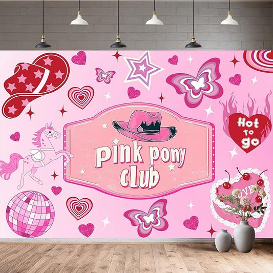 Pink Pony Club Backdrop,Last Rodeo Bachelorette Party Decor,Western Cowgirl Theme Banner,Vintage Let's Go Girls Princess Birthday Disco Bride to Be Party Decoration,8X6FT