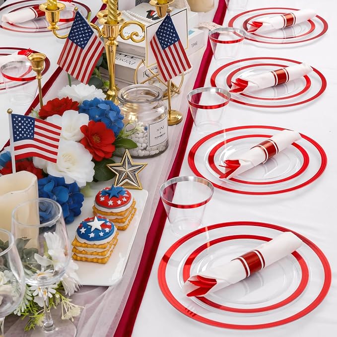 Liacere 350PCS Clear and Red Plastic Plates and Napkins for 50Guests Plastic Dinnerware Set-100 Red Disposable Plates 50 Pre Rolled Silverware Set,50 Cups for Party & Wedding & Labor Day