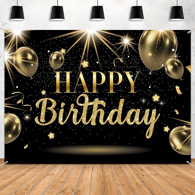 Black & Gold Happy Birthday Decoration Backdrop 7x5ft Large Gold Glitter Balloons Sign Party Background for Adult Kids Photo Booth Decor Large Wall Decor Props Party Supplies for Women