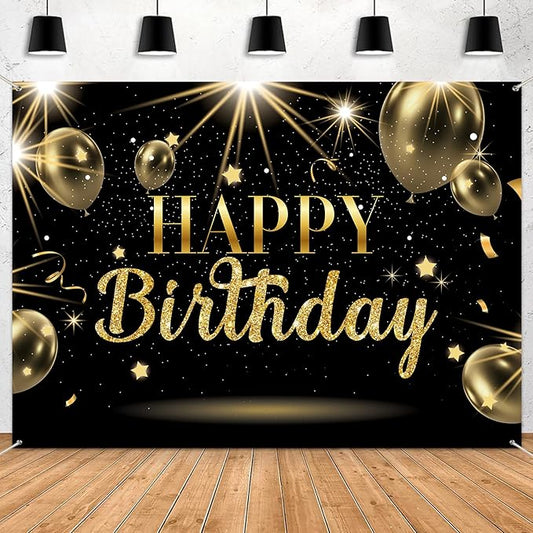 Black & Gold Happy Birthday Decoration Backdrop 10x8ft Large Gold Glitter Balloons Sign Party Background for Adult Kids Photo Booth Decor Large Wall Decor Props Party Supplies for Women