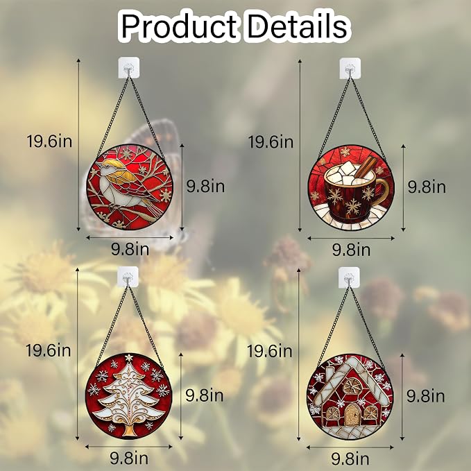 DASTOLL Stained Glass Window Hanging 4 Pcs Set Red Christmas Themed Decorations 9.8" - Suncatcher Door Garden Sun Catcher Decor Birthday New Year for Mom Woman Nana Men